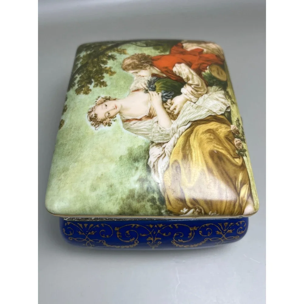 Lego Japan Vtg Porcelain Musical Jewelry Box Fragonard Style Cobalt Blue Gold